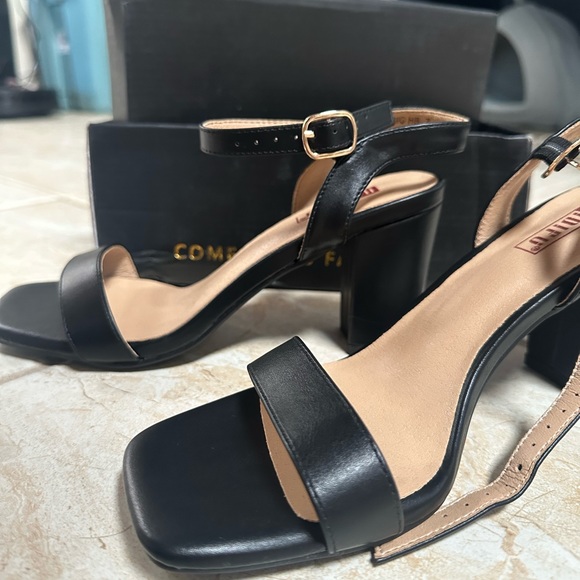 Women's Chunky Heels Square Toe block Sandals Wedding Prom - black pu leather 7 - Picture 3 of 8